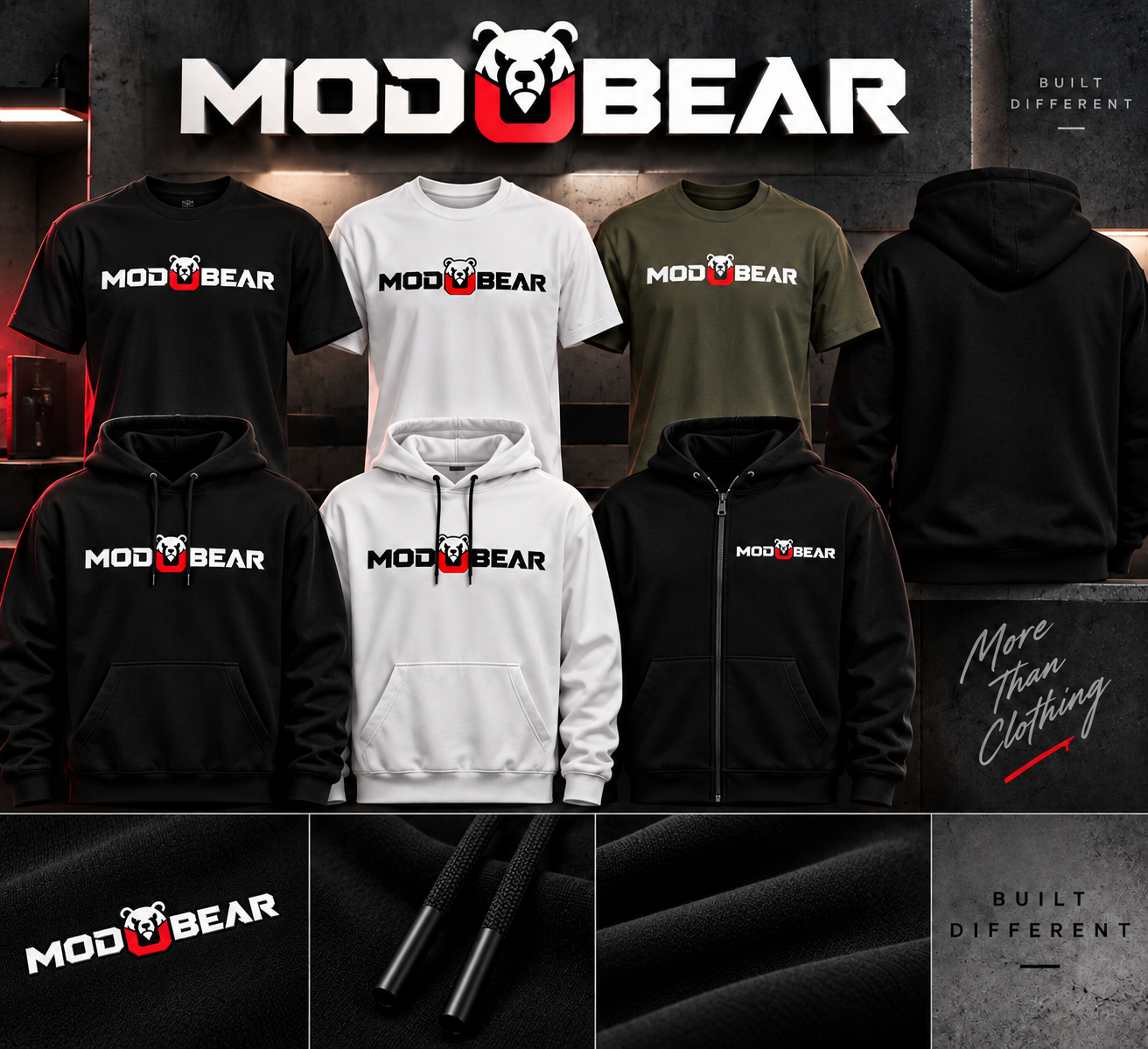 MODUBEAR kledingcollectie met T-shirts en hoodies